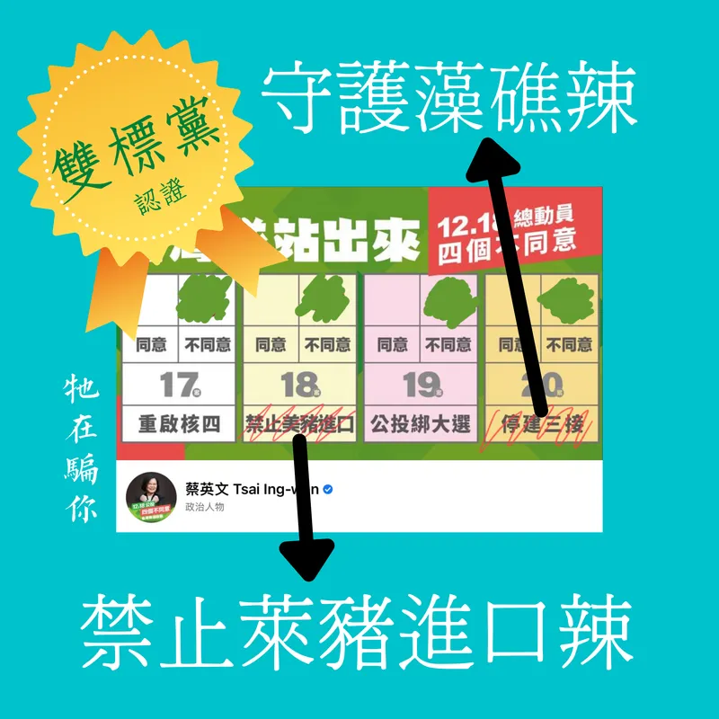 『雙標黨認證』：四大公投前夕，批判民進黨在美豬、三接等議題上散播謊言