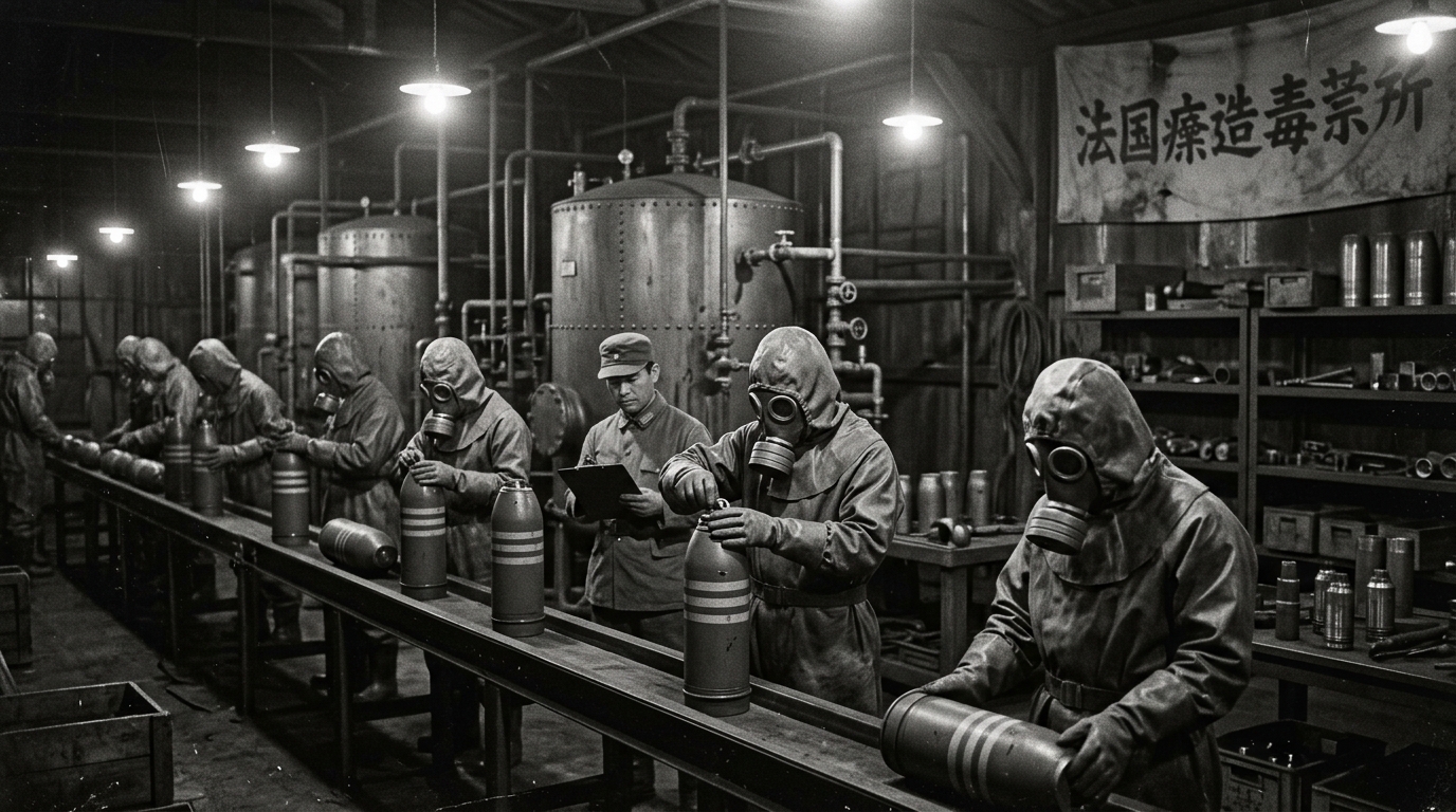 大久野島毒氣工廠與日軍化學武器特種彈生產線 廣島縣外海的大久野島化學毒氣工廠生產現場。日軍技術人員與士兵佩戴防毒面具組裝致命的「特種彈」(芥子氣與路易氏劑),其使用全經裕仁親批《大陸命》背書。